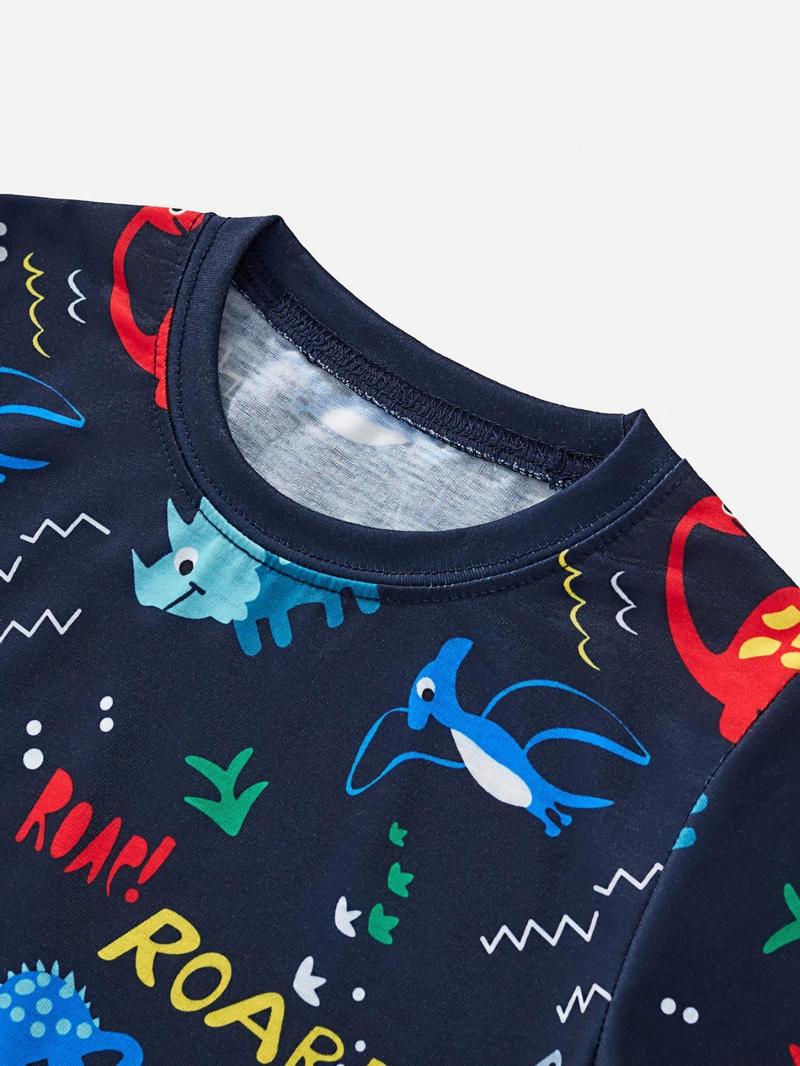 Product Introduction of Boy's Cartoon Dinosaur Print Round Neck Tee, Cute Casual Short Sleeve T-shirt for Daily Wear, Kids Clothing for All Seasons 3