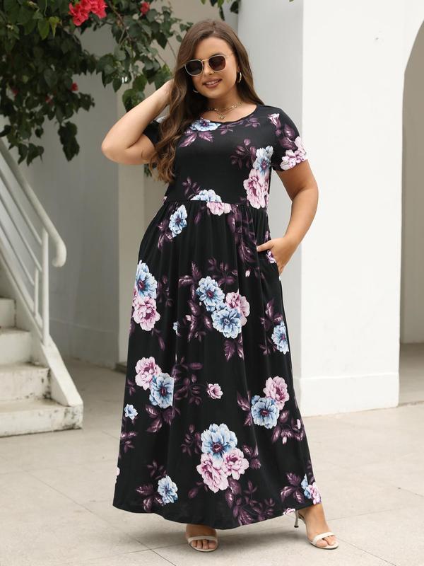 Plus Size Floral Print Short Sleeve Round Neck Dress, Dresses for Women, Summer Dresses 2024, Casual Boho Pocket Long Dress for Summer Beach Holiday Vacation, Plus Size Dresses 2
