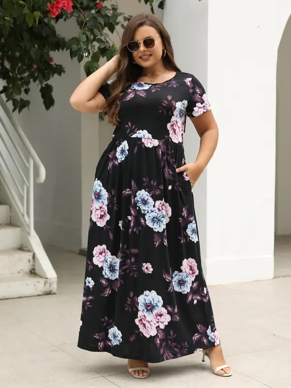 Plus Size Floral Print Short Sleeve Round Neck Dress, Dresses for Women, Summer Dresses 2024, Casual Boho Pocket Long Dress for Summer Beach Holiday Vacation, Plus Size Dresses 2