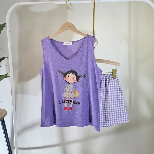 Bộ 3 lỗ quần caro in hình dễ thương ANHSTORE, áo chất thun xược siêu mát, quần kate lụa thoải mái, size từ 40kg - 65kg - Women, Nữ Nhung Top