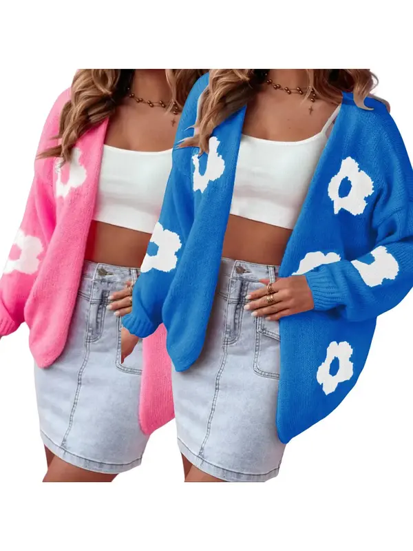 【Plus Size】 Floral Print Cardigan Sweater, Casual Longsleeves Open Front Crochet Top Knitwear for Fall & Winter, Cardigan for Women, Women's Plus Clothing for Everyday Daily Wear, Womenswear, Lady Knitting Casual Classy Top 7