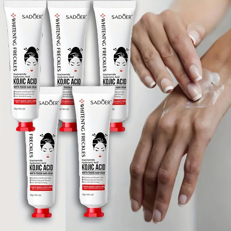 Product Introduction of Kojic Acid Hand Cream - Pack of 5 - Hypoallergenic Moisturizing Lotion for Dry Skin with Glycerin, Niacinamide - Whitening and Reduces Freckles. Nails Moisturizer Moisture Hydrate Hyaluronic 1