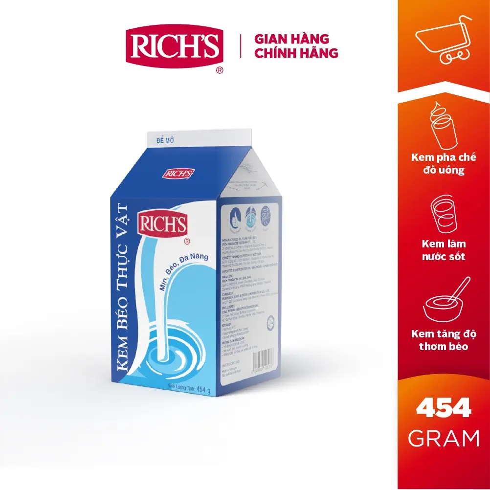 Kem Sữa Béo Thực Vật Rich's Lùn Hộp 454g - Hàng Chính Hãng - Kem Pha Chế Cao Cấp Hoa Kỳ