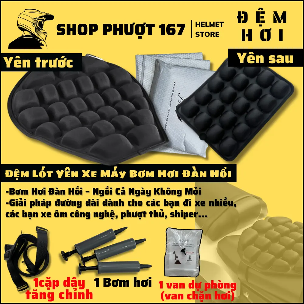 Đệm lót yên hơi xe máy mềm mại, kèm bộ phụ kiện ống bơm và dây cố dịnh lắp đặt Yên Xe