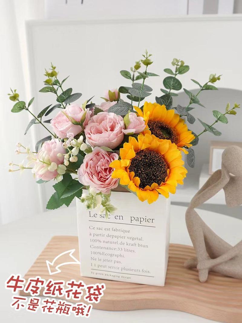 Product Introduction of [Hot sale in stores] Ins Style Sunflower Artificial Flowers Bouquet Home Decor Living Room Desktop Paper Bag Decoration Photo Props 18