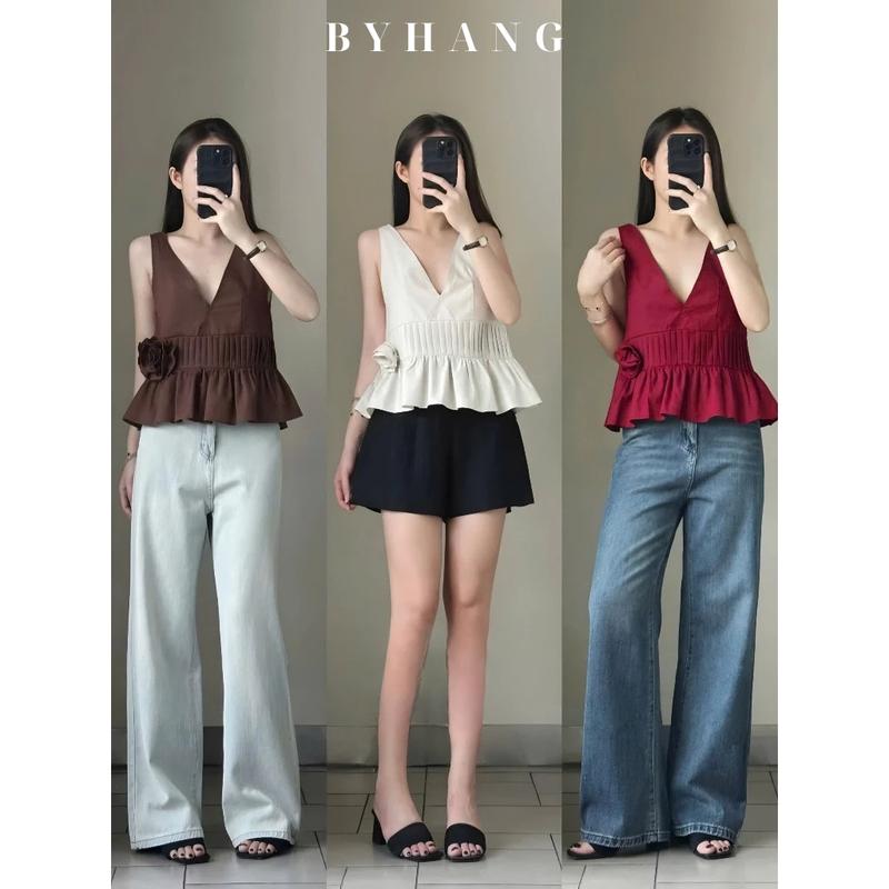  Áo Babydoll Hở Lưng Dáng Ngắn Cổ Chữ V Đính Hoa Xinh Xắn BYHANG BH05 