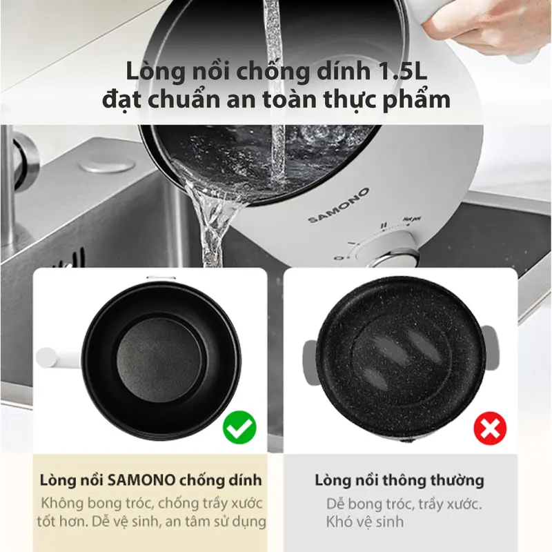 ( BH 1 năm) Samono Nồi Điện Đa Năng Hotpot 1,5L Kèm Xửng Hấp và Nắp Kính 150 Watt SW-DG04S Lòng hấp Inox 6