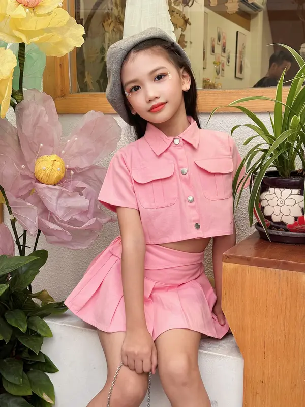 Sét Áo Sơ Mi Denim Ngắn Tay Dáng Croptop Phối Chân Váy Kaki Cho Bé Gái từ 12-36kg 5