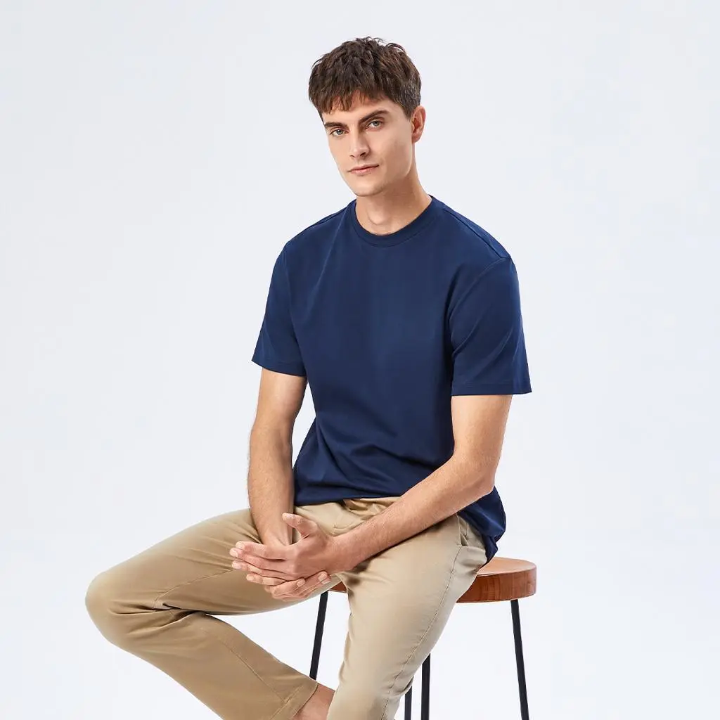 Giordano Tee Shirt Men Katun Crew Neck Slim-Fit Dark Color Navy Pria Kaos Polos