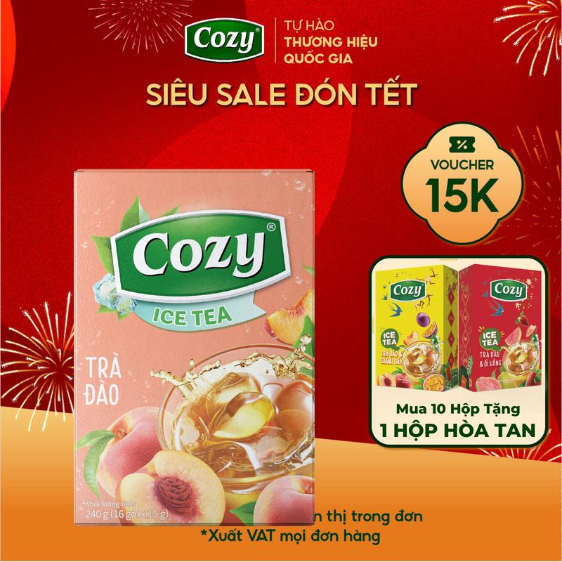 Voucher 15k - Lộc Đón Xuân Trà Đào Hoà Tan Cozy Ice Tea 16 gói x 15gr Thức Uống Giải Khát Thanh Nhiệt Tươi Mát Nước Trà Thơm Từ Lá Chè Sạch Tươi Nguyên Chất