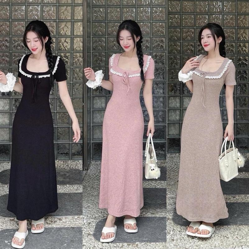 V271 XÃ KHO Váy len cổ viền ren lông thỏ mềm dáng dài Nữ Nhung Voi Sò Women Dress Sen Voan S Dài 116cm - M dài 119cm