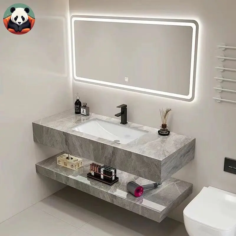 【SG Sales】Minimalist Double-layer Marble Wash Basin Cabinet set  Free Tap and Pop Up Waste Bathroom Basin Vanity Set  Bathroom Vanity Cabinet Set Vanity Cabinet Mirror Cabinet Set