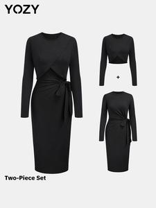 YOZY Women's Solid Wrap Tee & Twist Front Dress Two-piece Set, Casual Long Sleeve Round Neck Top & Ruched Dress for Spring&Fall, Women's Clothes for Daily Wear