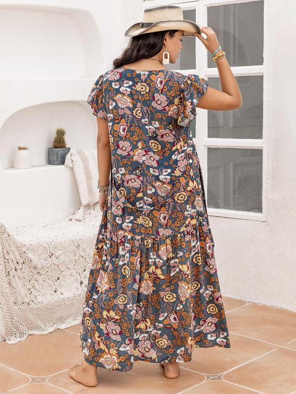 Plus Size Floral Print Ruffle Hem Belted A Line Dress, Comfort Bohemian Dresses for Women, Contrast Lace V Neck Long Dress for Beach Vacation Holiday, Summer Dresses 2025, Sun Dress 5