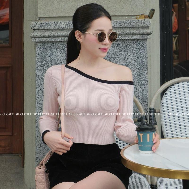 AL06 Áo Len Nữ Lệch Vai Viền Trắng Dài Tay Dáng Lửng Chất Len Tăm Dày Dặn Mềm Mịn Phong Cách Hàn Quốc Sang Trọng Hợp Mùa Thu Đông