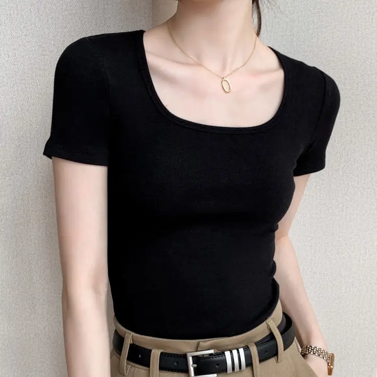 [TĂM LẠNH] Áo Cổ Vuông Croptop Tay Ngắn thun nữ  Freesize 40kg-70kg chất thun gân lạnh CC mềm mịn _ TrendTrend Store Dáng Ngắn Đen Tim Women 0