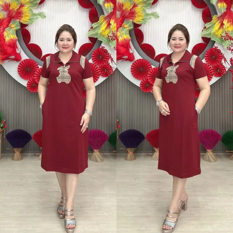 Đầm suôn trung niên quảng châu đơn giản thanh lịch Min Shop  Voi Dress Voan Sen- Nữ, Women Đỏ 1
