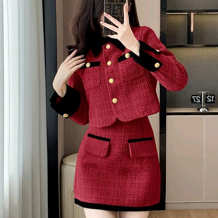 set dạ phối nhung tay dài váy ngắn có lớp lót habutai co giãn giặt máy thoải mái  cổ áo và tay được phối vải nhung tao điểm nhấn cho sét đồ