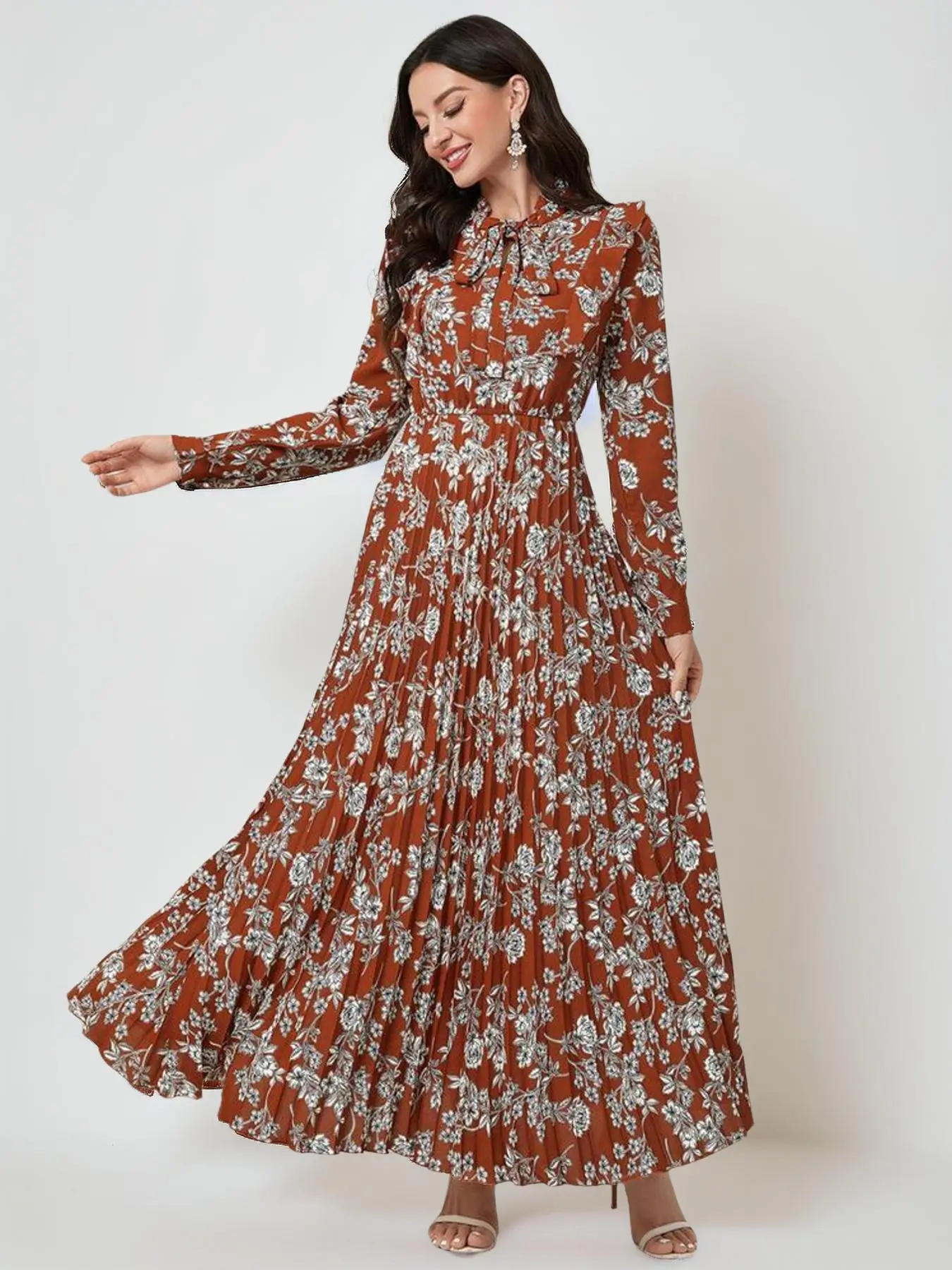 Women's Floral Print Ruffle Trim Tie Neck A-Line Pleated Dress, Boho Long Sleeve Tied Front Maxi Dresses for Spring & Fall, Summer Dresses 2025