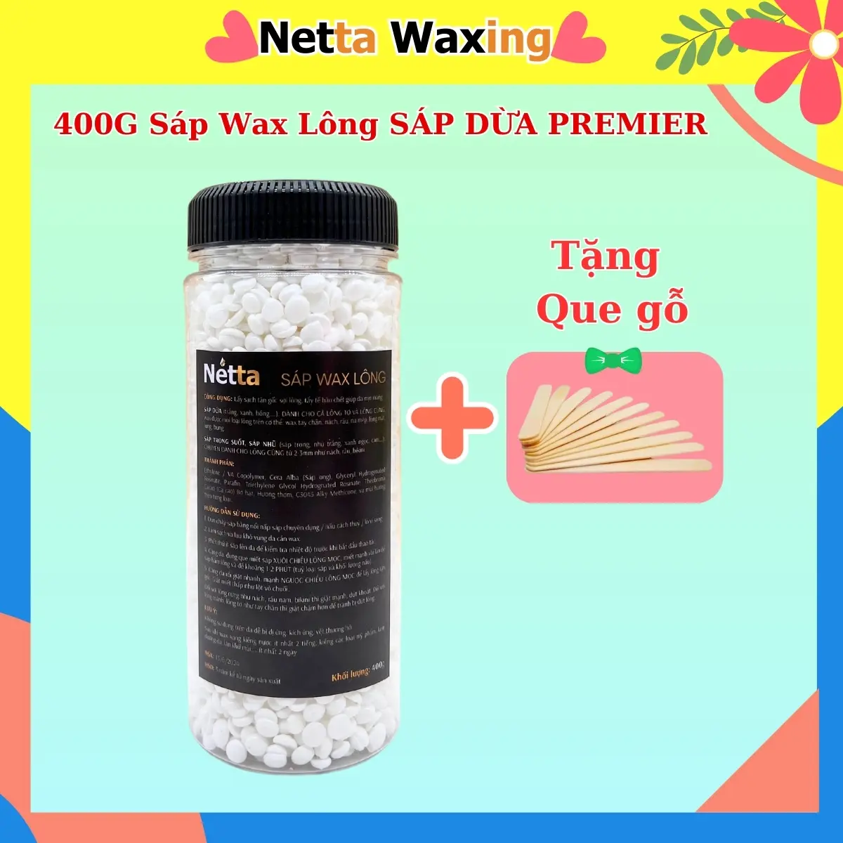 Hủ 400g sáp wax lông SÁP DỪA bám lông, wax nách, wax râu, ria mép Nữ, wax tay chân - Kèm que gỗ Waxing Women Cạo Râu