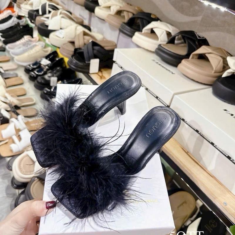  Giày cưới cao gót nữ quai LÔNG mũi NGANG cao 7 phân dép 