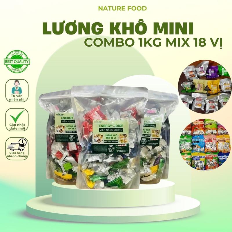 1Kg lương khô mini mix 18 vị hạt dinh dưỡng, ngũ cốc và trái cây thơm ngonlương khô mix 18 vị Food Snack Ăn Vặt