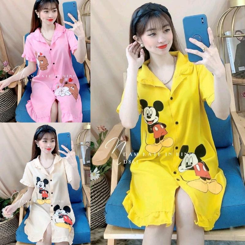 Đầm sơmi nữ lụa hàn mặc ngủ áo dấu quần cổ bèo dưới 57kg Váy Ngủ Dress Women hình in ngẫu nhiên