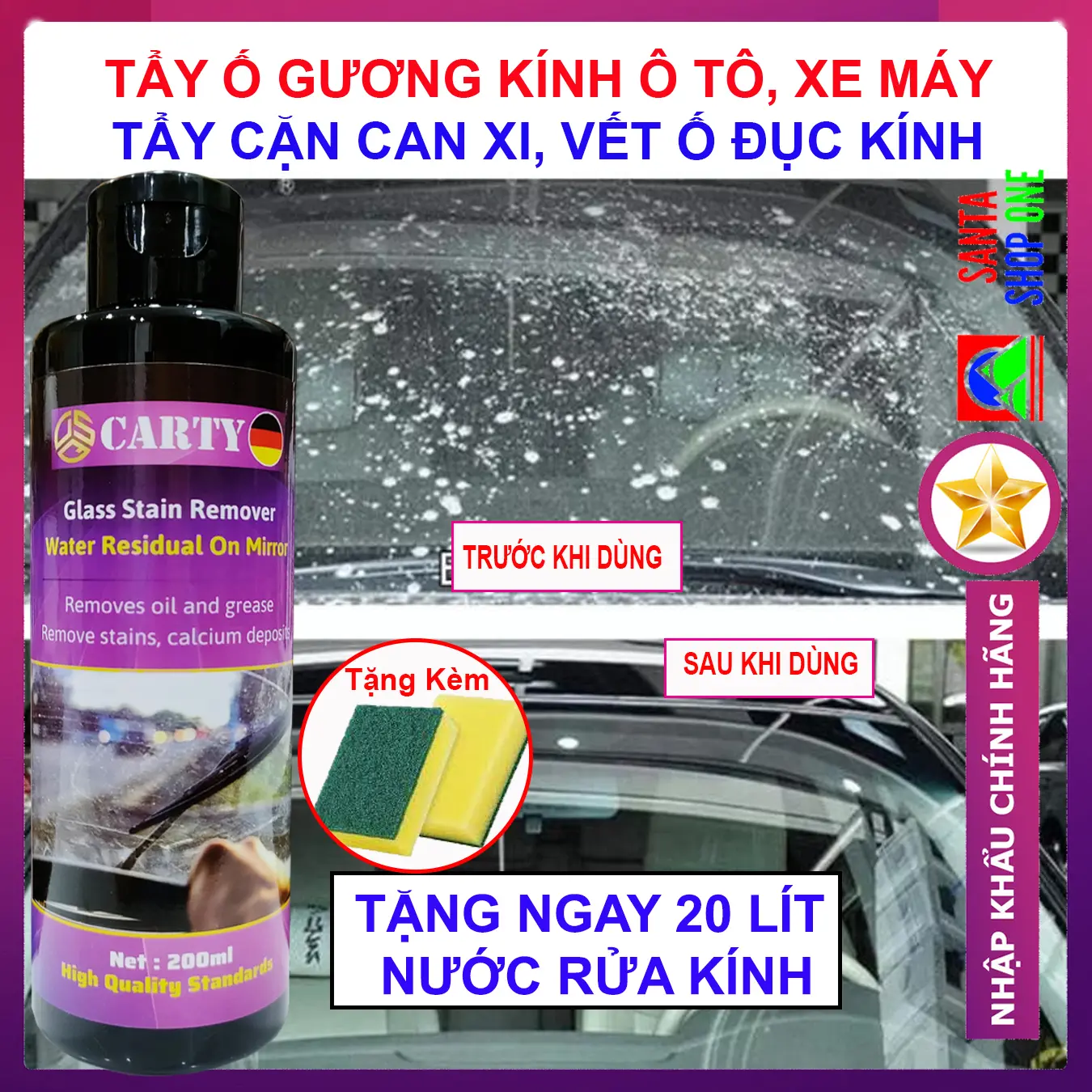 Tẩy Cặn Canxi - Tẩy Ố Kính Ô tô - Làm Sạch Kính Xe Bị Ố Mốc, Mờ Đục - Giúp Tăng Tầm Nhìn, An Toàn Tài Xế - DSQ
