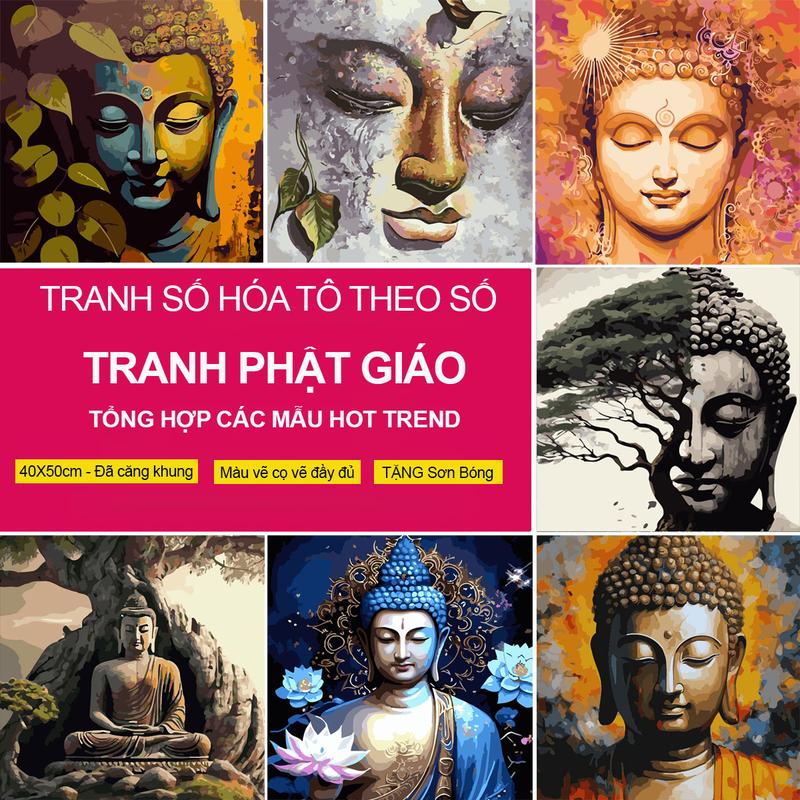 Tranh tô màu theo số tranh số hoá kèm combo dụng cụ- Chủ đề tranh Phật giáo Tranh phật tổ Quan âm bồ tát đã căng khung 40x50cm