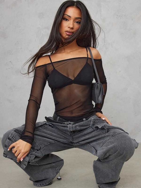 Women's Off Shoulder Mesh Sheer Tee, Solid Color Long Sleeve Top for Spring & Fall, Women's Clothing for Daily Wear 0