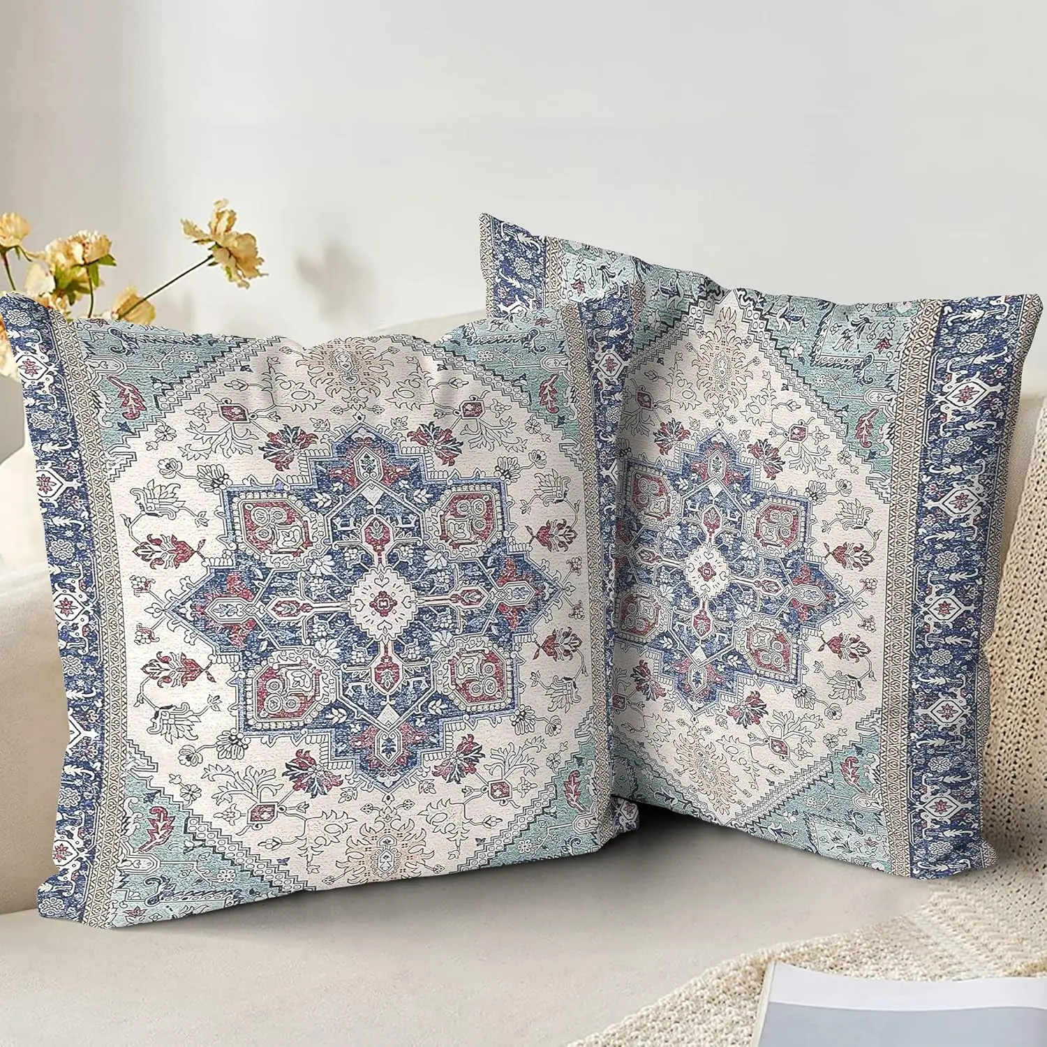 Local shipping-Pack of 2 Soft Decorative Cushion Covers 60cm x 60cm Square Throw Pillow Case Boho Style Pillowcases for Sofa Bedroom Outdoor Patio Garden with Invisible Zipper 24 x 24 Inch-Blue Cyan