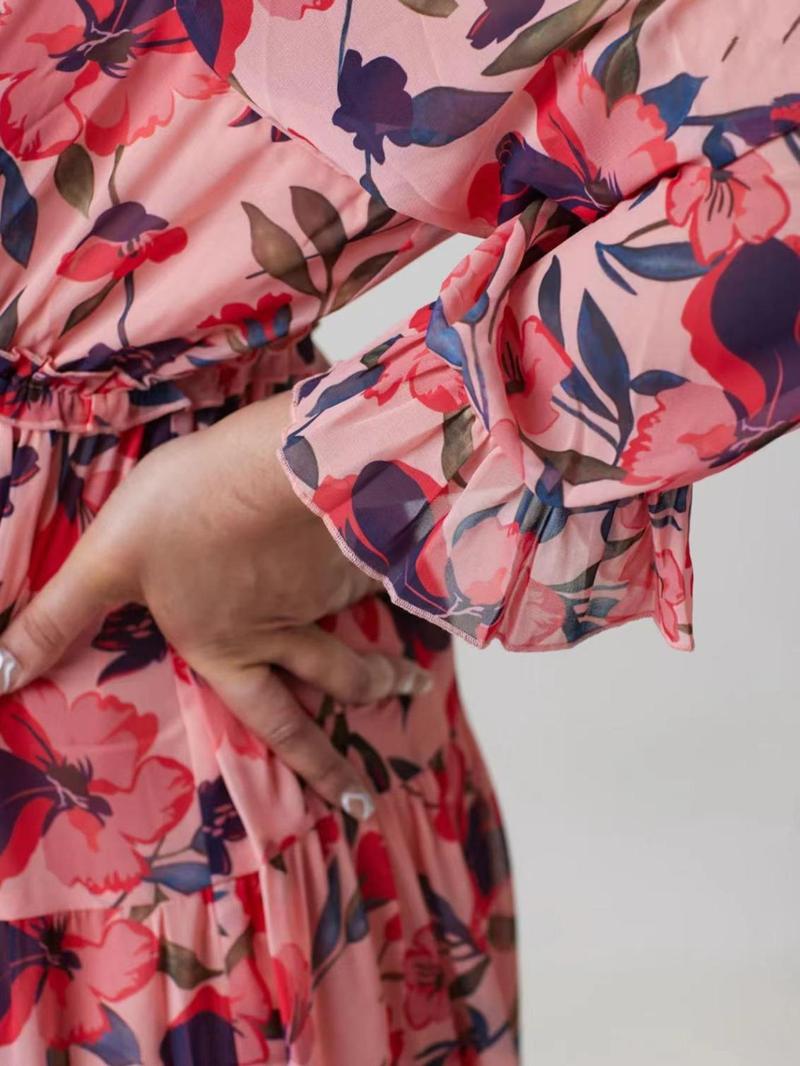 Product Introduction of Plus Size Floral Print Frill Chiffon Dress, Boho Elegant Ruffle Hem Flounce Sleeve A Line Dress for Holiday Vacation, Dresses for Women, Women's Clothes for All Seasons, Ditsy Floral Dress 6