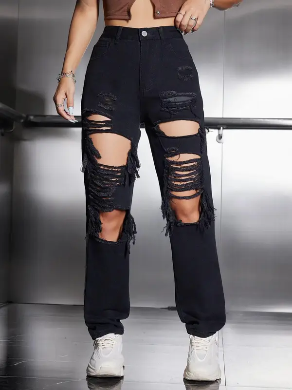 Women's High Waist Ripped Jeans, Fashion Casual Loose Fit Distressed Straight Leg Denim Pants, Destroyed Hole Jeans, Lady Bottoms for Daily Wear Streetwear, Women Jeans, Womenswear, Baggy Jeans 6