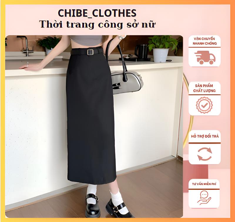 Chân Váy Chữ A Suông Sẻ Sau Phối Đai Da_2 Lớp_Chất vitex cao cấp_CV69 Nữ Women Kem Khuy Đen