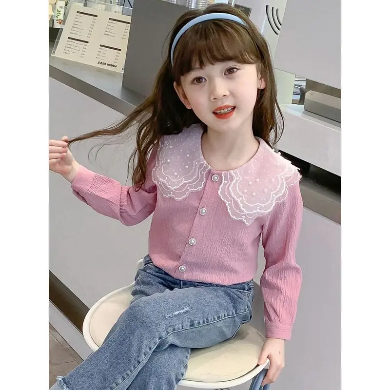 Áo Sơ Mi Quần Áo Mùa Xuân Cho Bé Gái, Phong Cách Phương Tây, Dài Tay, Cổ Bẻ Áo, Đáy Cánh Hoa, Thích Hợp Cho Bé Gái, Hàng Mới Về Năm 2024, Áo Sơ Mi Mùa Xuân Và Mùa Thu 2