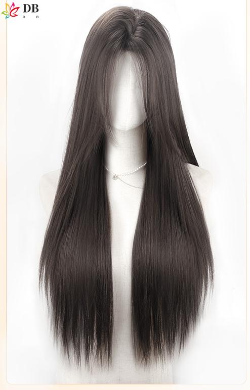 Product Introduction of Wig renda dahi untuk wanita dengan rambut lurus panjang gaya rambut kepala penuh belahan tengah alami set wig kepala penuh lurus panjang hitam 9