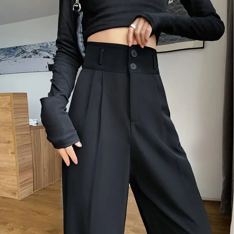 Double Button Pants 2024 Summer New Gray Suit Pants High-waisted Suit Casual Wide-leg Pants
