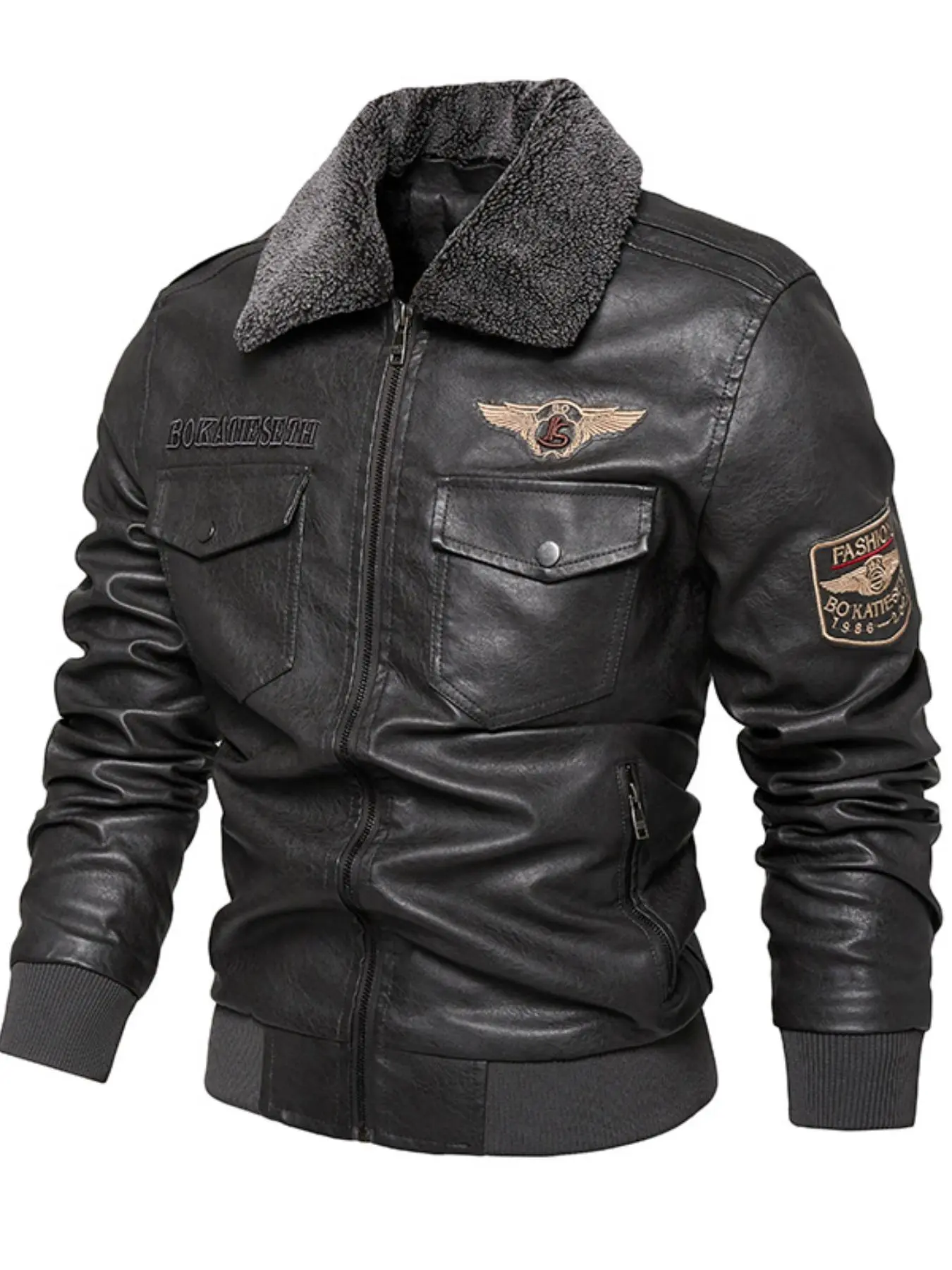 Men's Patched Pocket Zipper Faux Leather Jacket, Punk Fashion Regular Fit Long Sleeve Collared Outerwear for Daily Outdoor Wear, Men Cloths for Fall & Winter