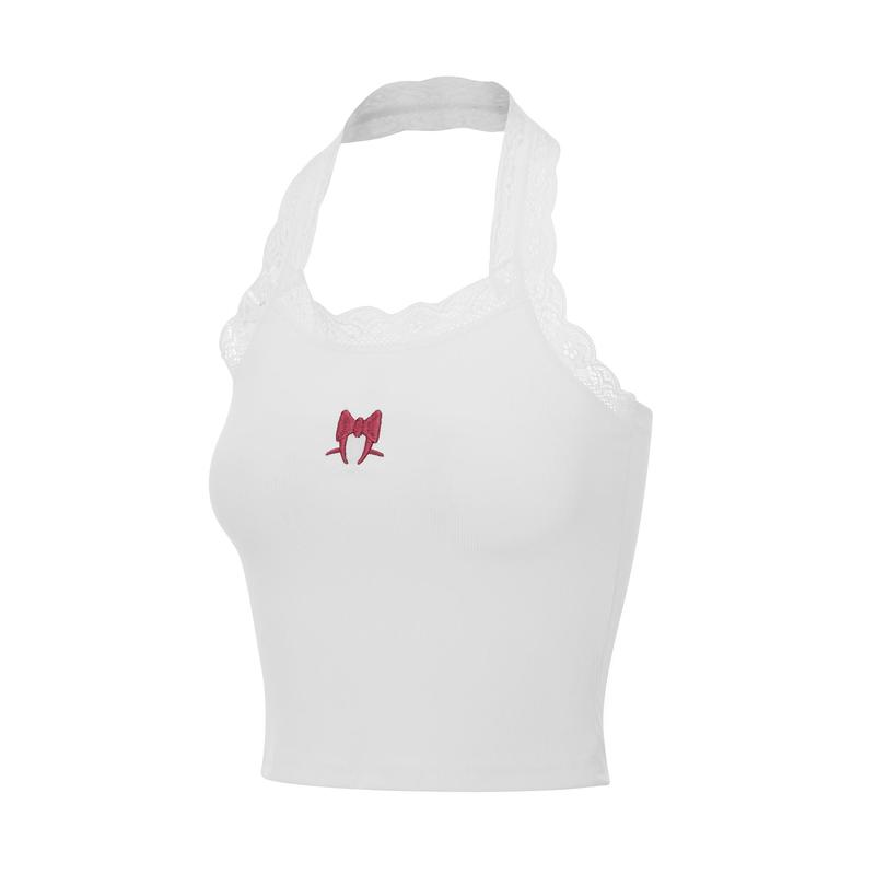 Product Introduction of Women Fashion Tank Tops Lace Trim Bow Embroidery Halter Neck Vests SummerFit Backless Sleeveless Cropped Tops Streetwear 24