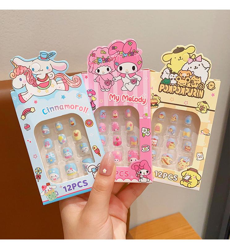 Product Introduction of 12 Pieces/set of Sanrio Cartoon Children's Nail Stickers Kawaii Hello Kitty Kuromi Cinnamoroll Detachable Nails Exquisite Fashion Accessories Girl Gift 11