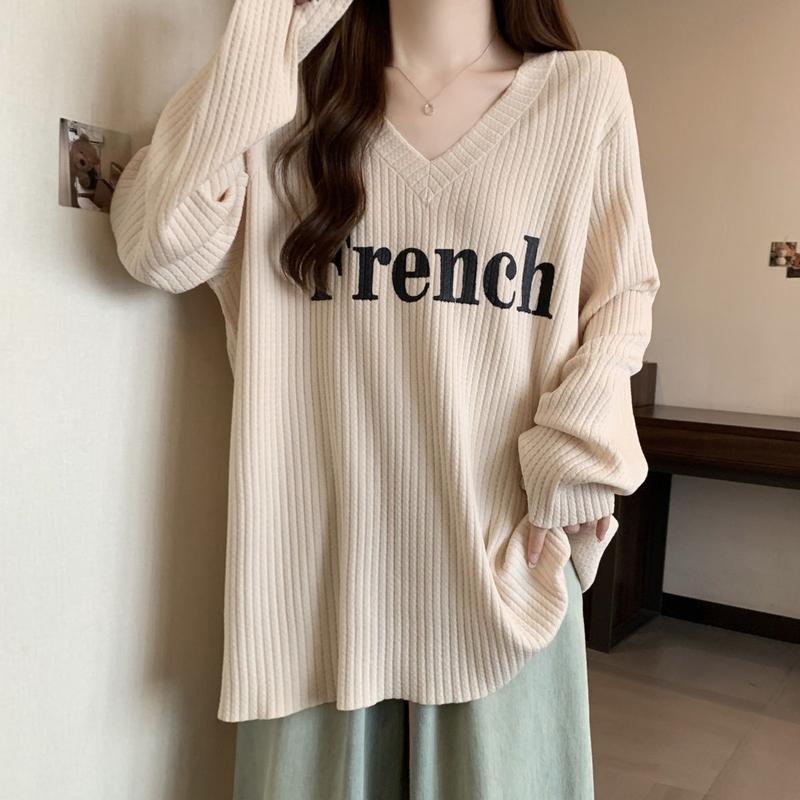 Product Introduction of Áo Thun Dài Tay Dáng Rộng Cổ Chữ V, Cỡ Lớn, Phong Cách Lười Biếng, Quần Áo Nữ, Phong Cách Mới Đầu Thu, Che Thịt, Dễ Phối Đồ, Áo Thường Ngày Dài Trung Bình Thời Trang 8