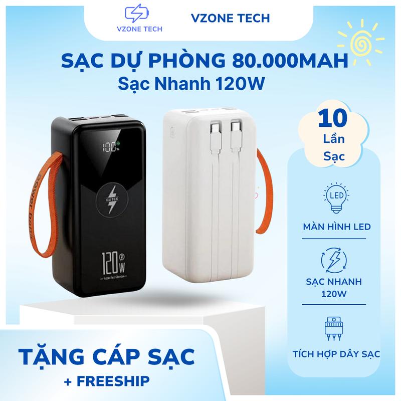 Vzone Tech Sạc Dự Phòng 80000mAh Sạc Nhanh 120W Pin Dung Lượng Lớn Có Dây Cắm Nhiều Điện Thoại GT240 Tích Hợp USB Type-C LED Thông Minh
