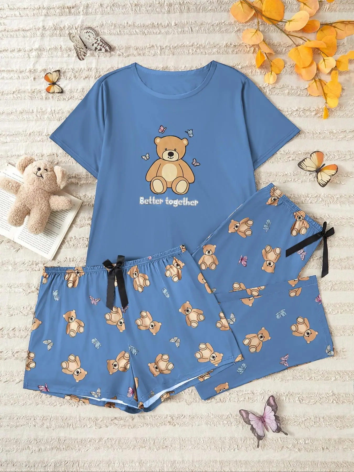 【Plus Size】cartoon Bear Print Tee & Pants & Shorts Loungewear Set, Casual Comfy Round Neck Short Sleeve T-shirt & Trousers & Shorts Pj Set, Cute Pajamas, Women's Sleepwear for All Seasons