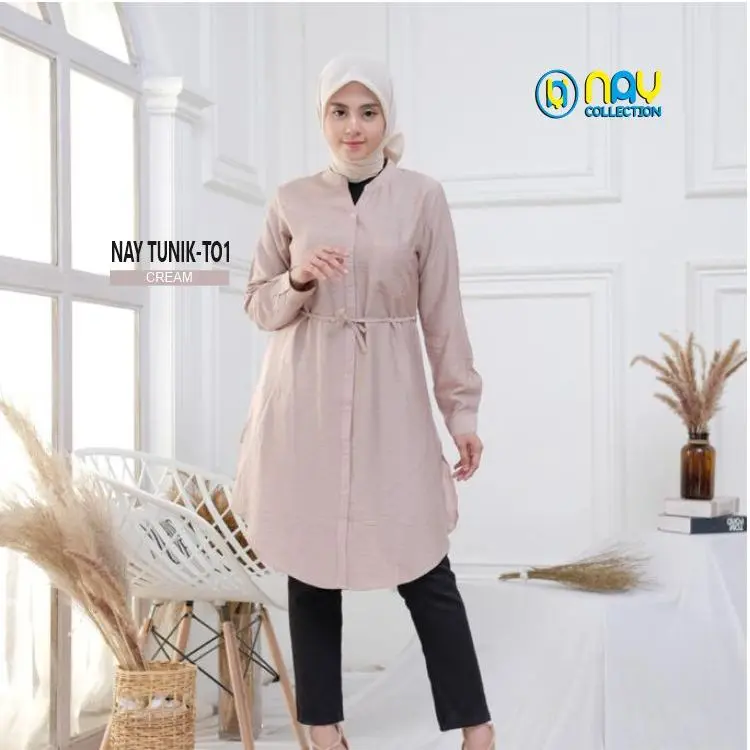 NAY TUNIK-T01 Baju Atasan Wanita Muslimah Tunik Polos Polo Linen Kancing Panjang Katun Rayon Oversize Simple Basic 5