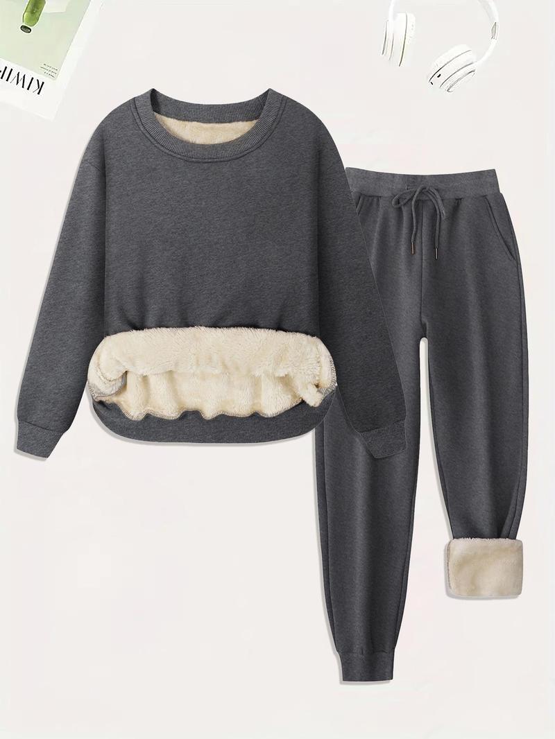Product Introduction of Women's Plain Plush Lined Sweatshirt & Drawstring Waist Sweatpants Two-piece Set, Casual Round Neck Long Sleeve Pullover & Pocket Jogger Pants Co-ords Set, Women's  Tummy Flattering Two-piece Outfits for Winter 12