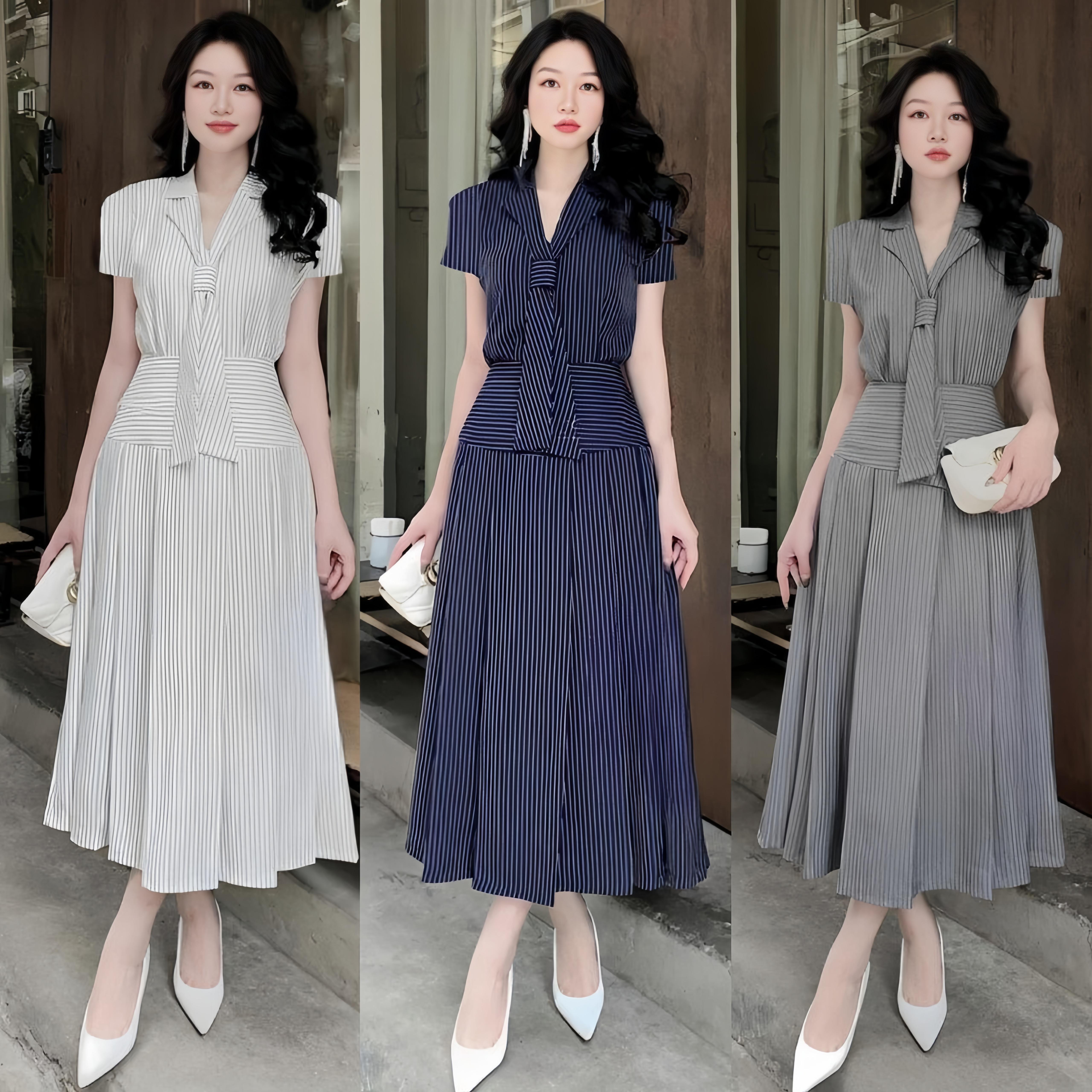 [ Xả Kho] Set Váy Áo Thắt Cà Vạt Tay Ngắn Vải Lụa Chéo Sọc Kẻ 40 - 95Kg Có Bigsize Nữ Top Women Xoè - A.1375
