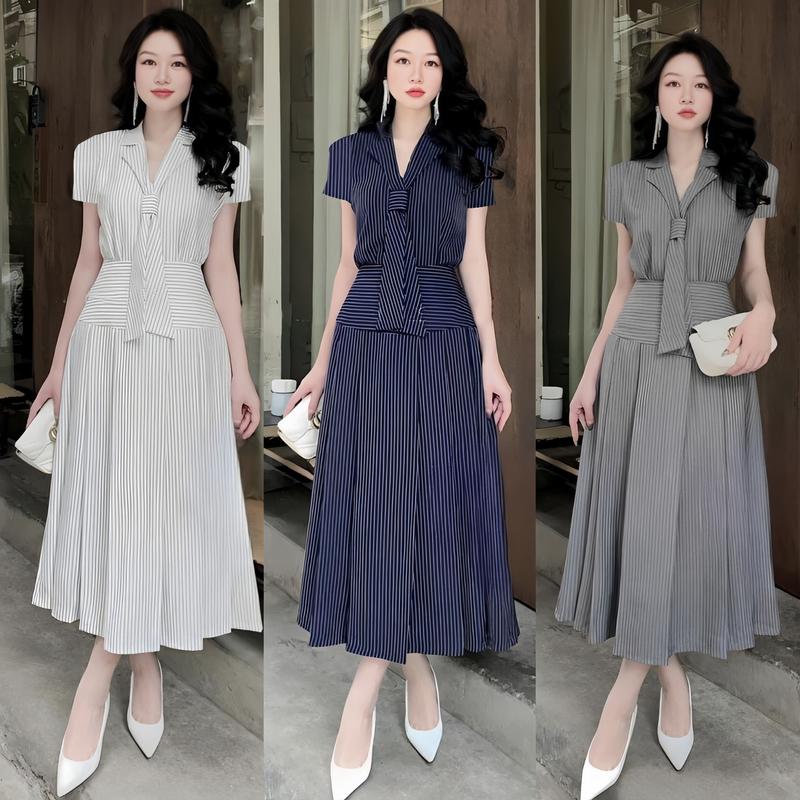 [ Xả Kho] Set Váy Áo Thắt Cà Vạt Tay Ngắn Vải Lụa Chéo Sọc Kẻ 40 - 95Kg Có Bigsize Nữ Top Women Xoè - A.1375