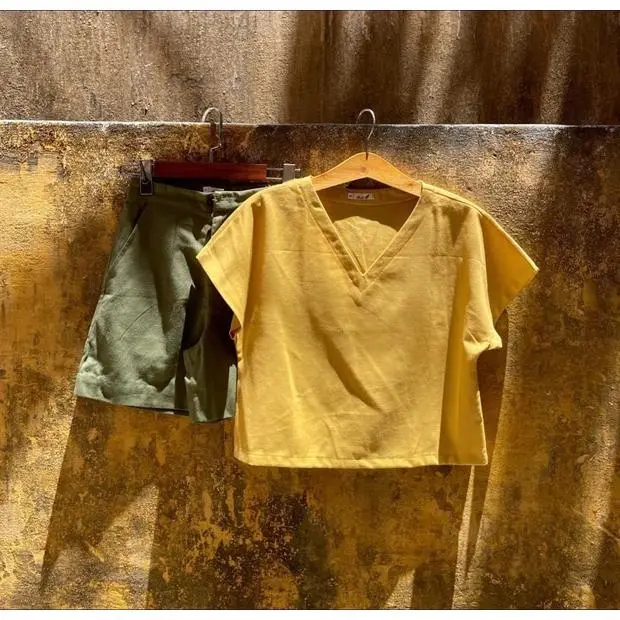 Áo cổ tim phong cách đơn giản thỏa mái chất liệu linen