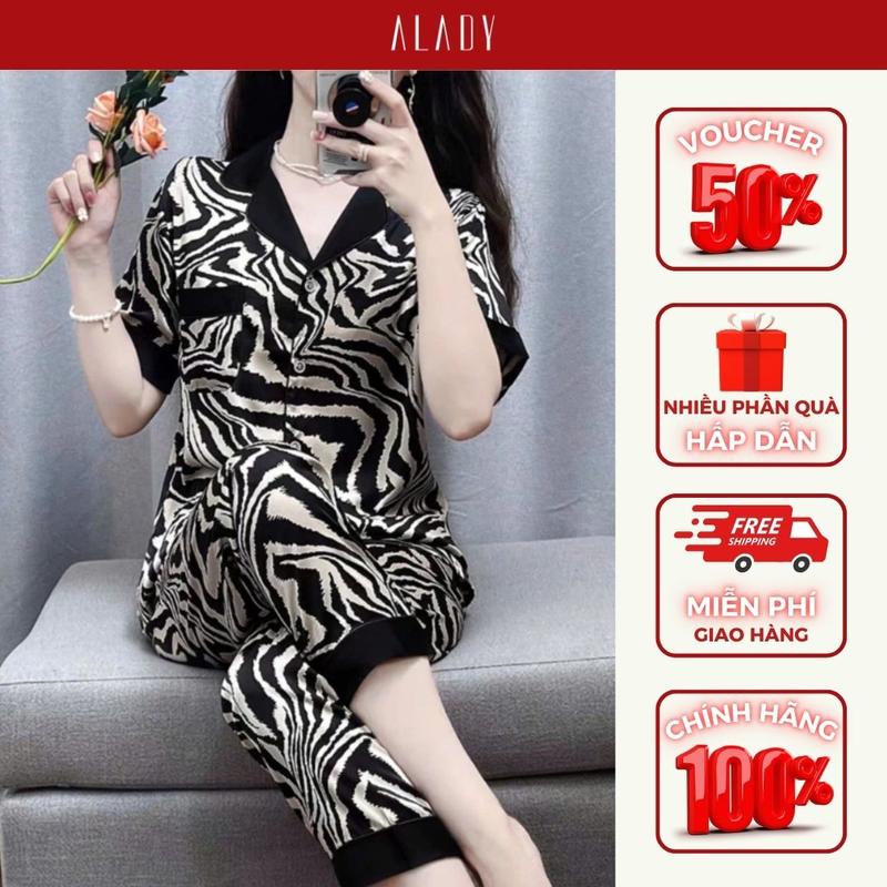 ALADY TN037 - Đồ bộ nữ Pijama Tay Ngắn họa tiết sọc đen chất liệu lụa Latin trơn mịn, mềm mại, nhẹ nhàng phong cách tiểu thư Quần Ngủ Áo Ngủ dobo tay ngan
