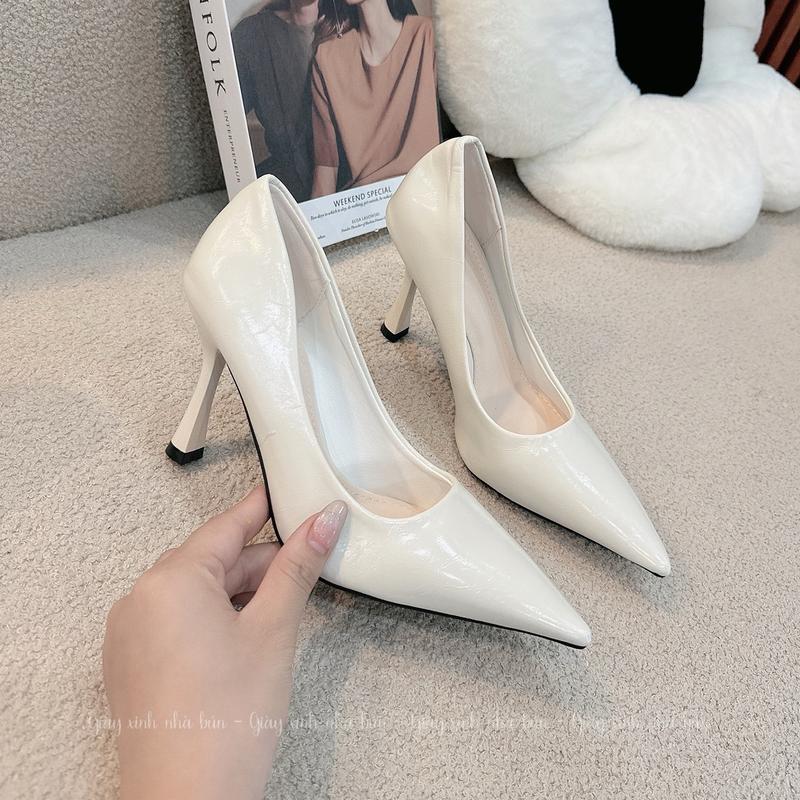  Q55 - Giày cao gót bít gót 9p   CHUẨN SIZE   dáng trơn 2 màu đen - trắng sữa 